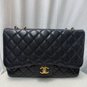 Chanel Black Quilted Caviar Leather Classic Jumbo Double Flap Bag